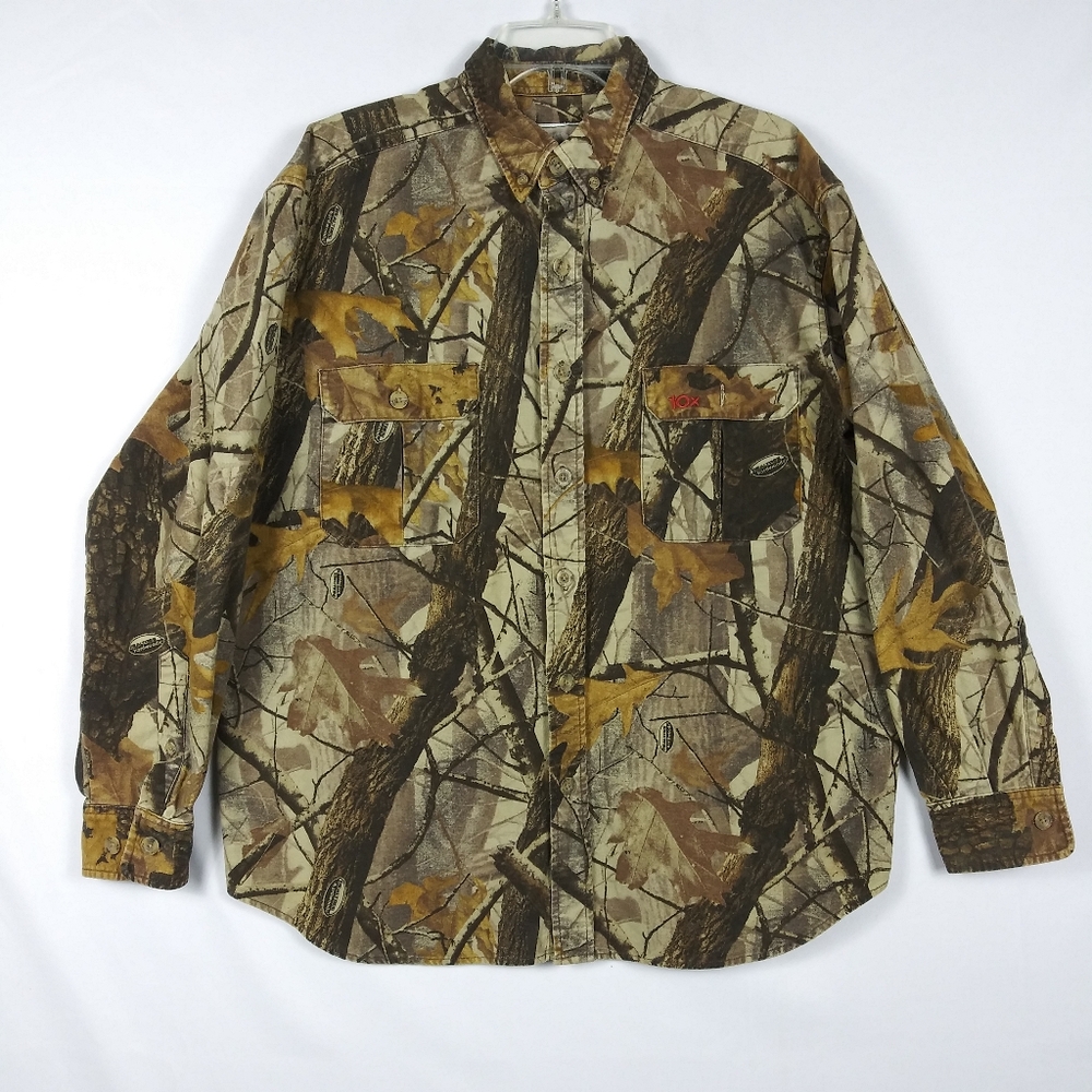 Vintage 10x Reeltree Camouflage Shirt Men's Size L Outdoors Hunting Brown Heavy